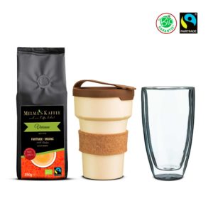 Geschenkbox; Bio Fairtrade Melange Kaffee mit einem Treecup Mehrwegbecher und einem Bloomix Doppelwand Latte Macchiato Glas