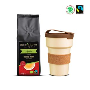 Geschenkbox; Bio Fairtrade Espresso Kaffee mit einem Treecup Mehrwegbecher