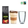 Geschenkbox; Bio Fairtrade Espresso Kaffee mit einem Treecup Mehrwegbecher und einem Bloomix Doppelwand Latte Macchiato Glas