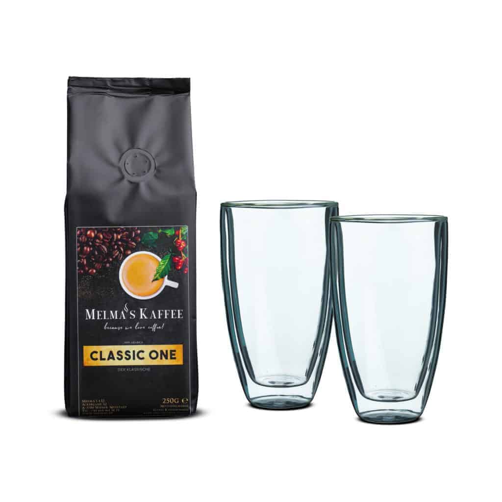 Geschenkbox; Arabica Melange Kaffee mit 2 Bloomix Doppelwand Latte Macchiato Gläser