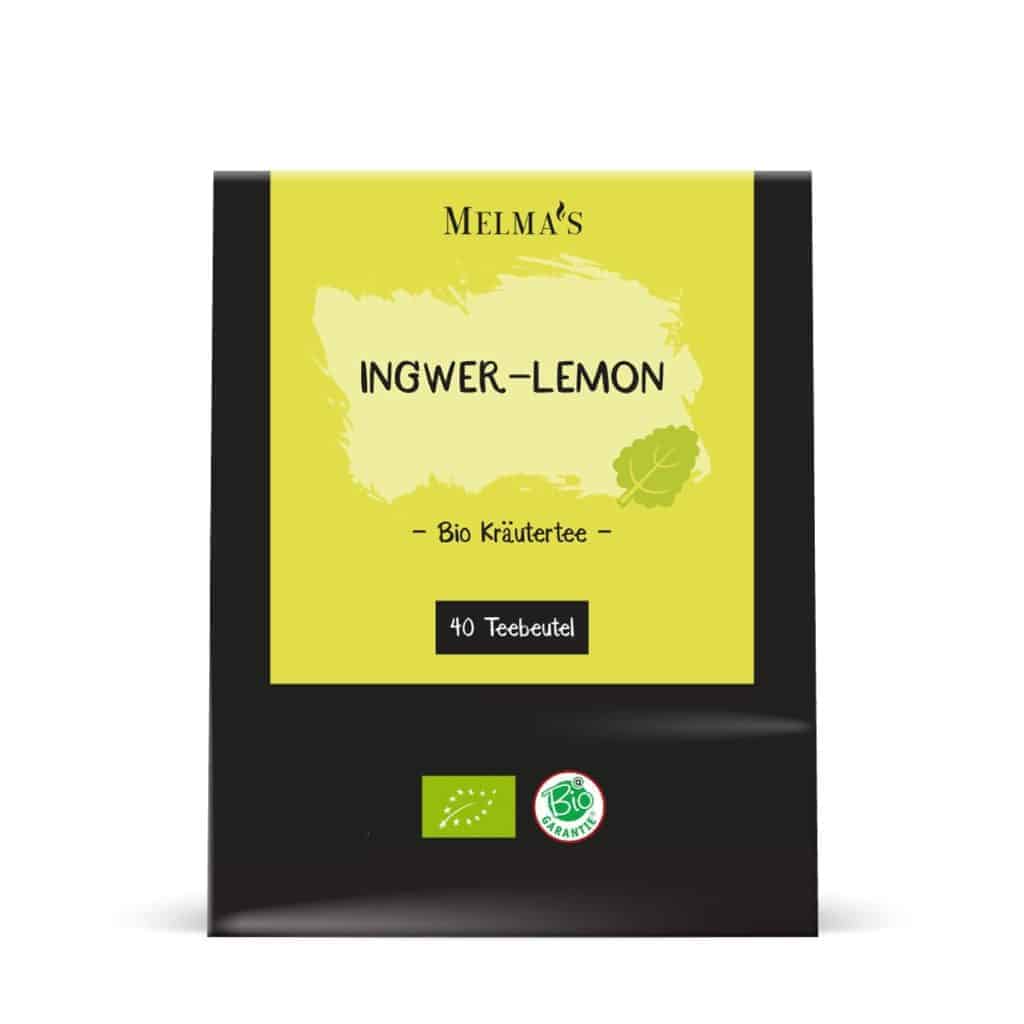 Melma's Bio Tee Ingwer-Lemon in der Verpackung mit 40 Teebeutel