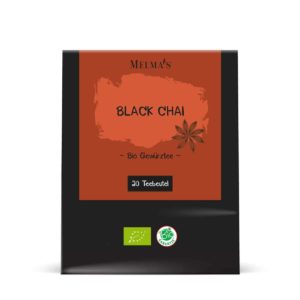 Bio Gewürztee Black Chai in der Verpackung, welche 20 Teebeutel beinhaltet