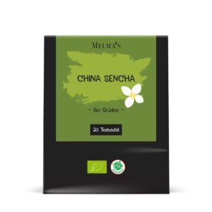 Bio Grüntee China Sencha in der Verpackung, welche 20 Teebeutel beinhaltet
