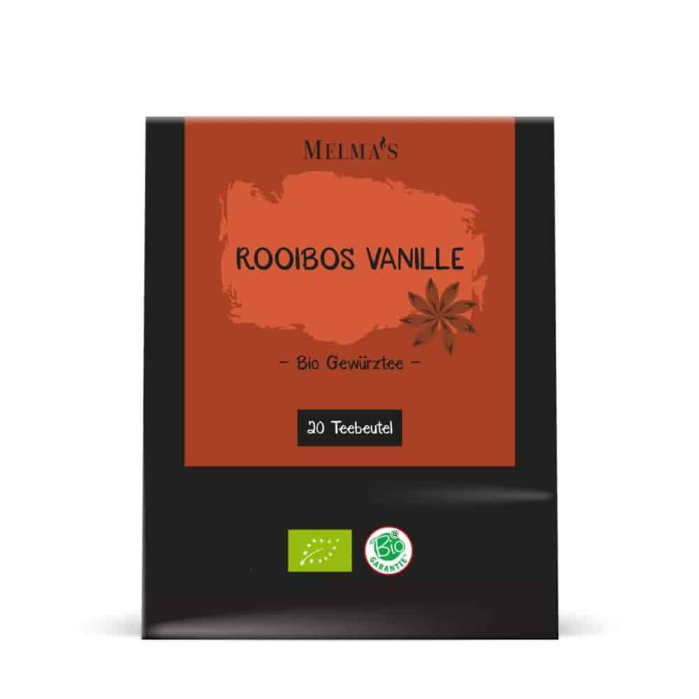 Bio Gewürztee Rooibos Vanille in der Verpackung, welche 20 Teebeutel beinhaltet